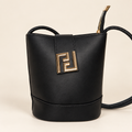 Black Bucket Bag with Gold-Tone Front Detail