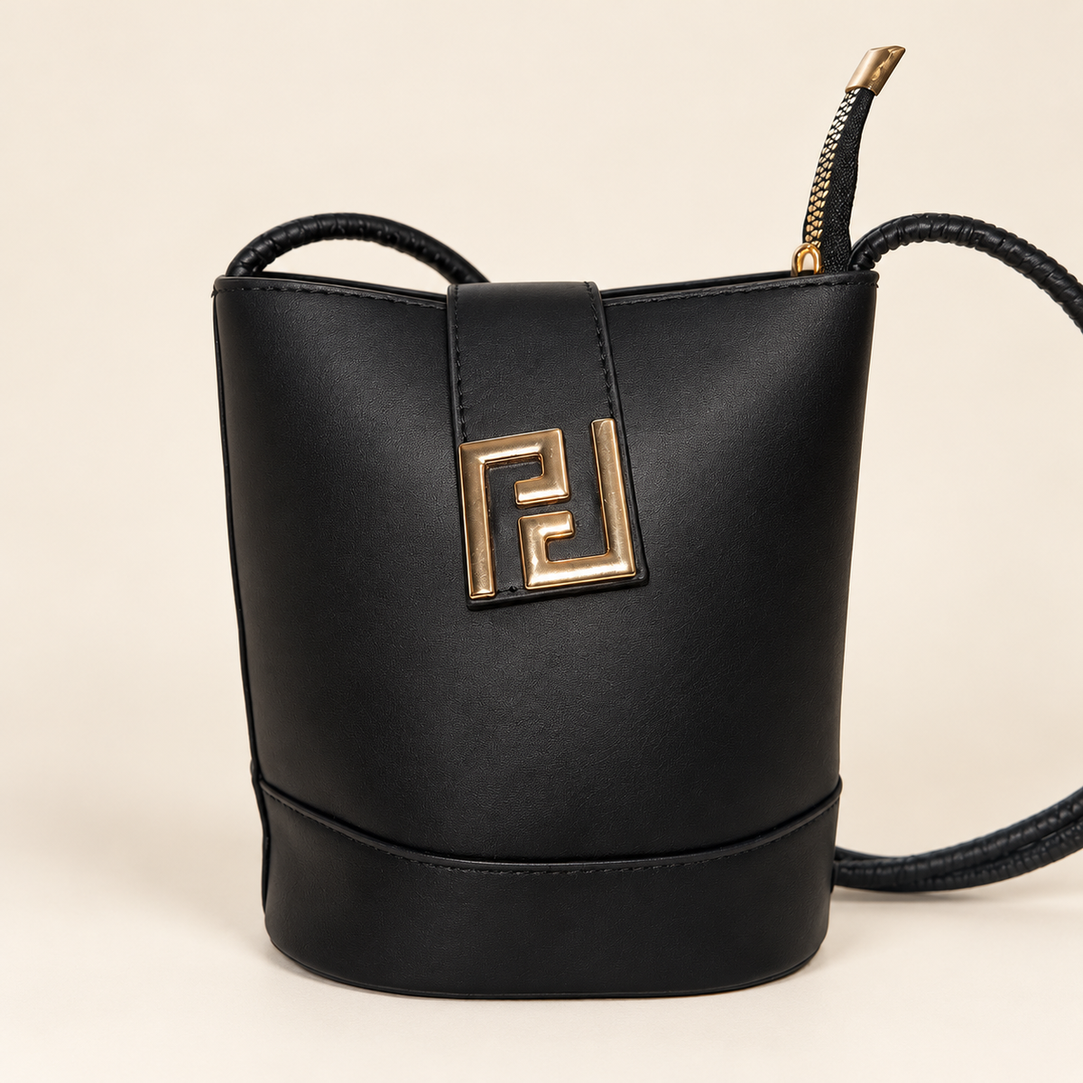 Black Bucket Bag with Gold-Tone Front Detail