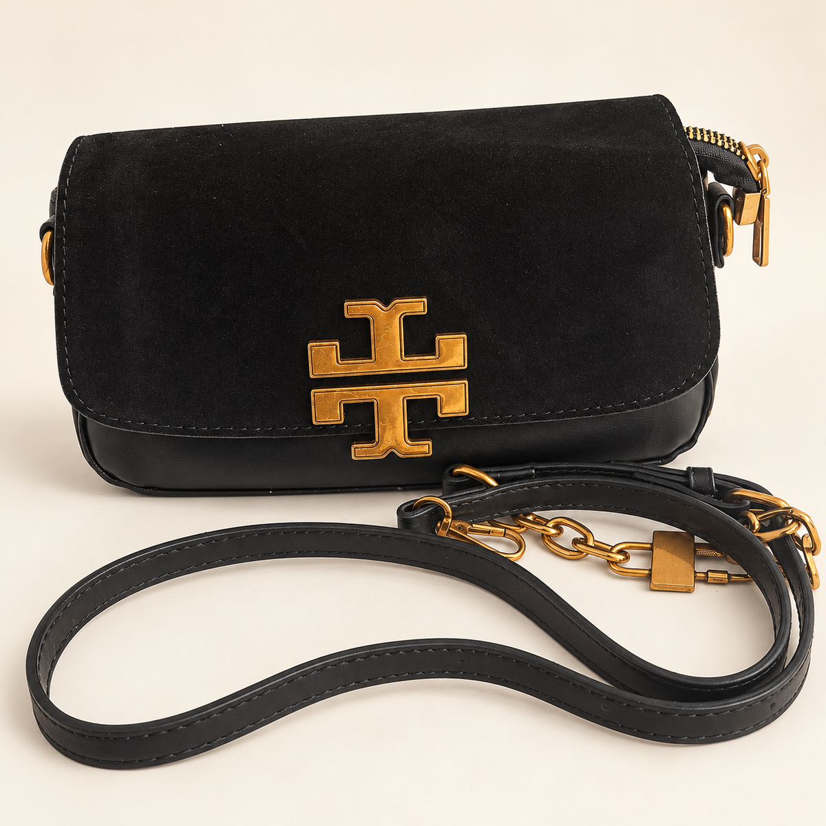 Black Crossbody Bag with Gold-Tone Hardware