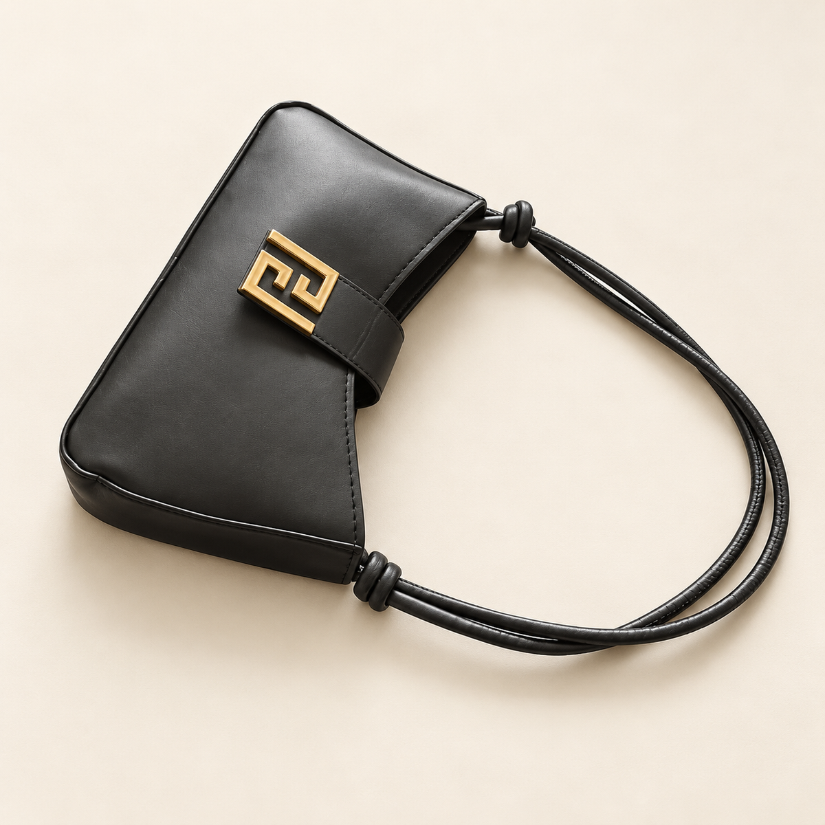 Black Shoulder Bag with Knotted Strap and Gold-Tone Detail